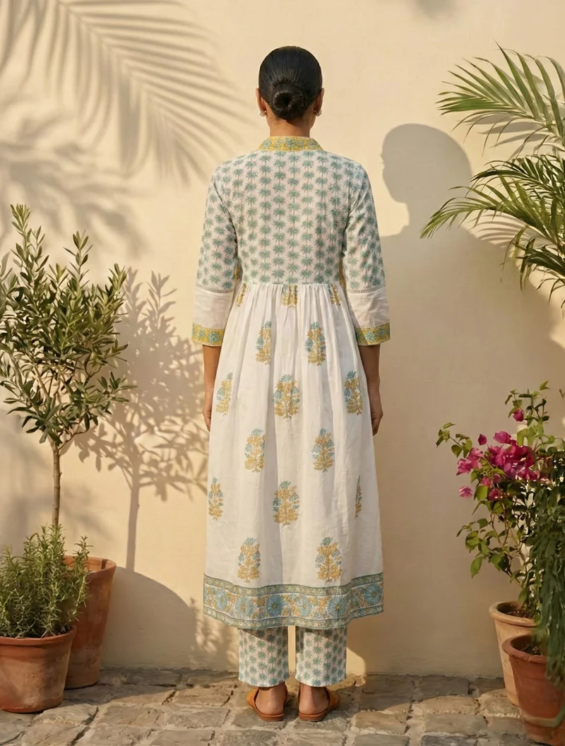 trueBrowns trueBrowns White Yellow Printed Anarkali Kurta Pant Dupatta Set